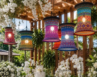 Set of 15 Handmade Hmong Fabric Lanterns, Colorful Boho Wedding Decor