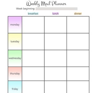A4-weekmaaltijdplanner | 7-daagse voedselplanner met ontbijt, lunch en diner | Afdrukbaar maaltijdplanningsblad