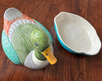 Vintage Ceramic Mallard Duck Dish | Majolica Style Covered Duck Bowl | Farmhouse Cottagecore Decor | Duck Tureen Trinket Box
