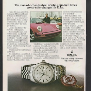 Reloj ROLEX Oyster Datejust Heinz Stephan CIKERLE PORSCHE 1 página Anuncio original 1973 enmarcable coleccionable regalo vintage
