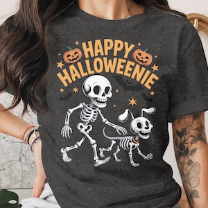 Happy Halloweenie T-Shirt, Cute Skeleton Dog and Human Skeleton, Halloween Dog Lover Tee, Funny Halloween Shirt, Spooky Season Top