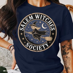 Salem Witches Society shirt, Witch broomstick moon T-shirt, Halloween funny witch tee, Vintage witchcraft graphic tee