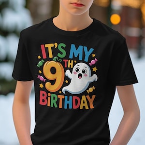 It&#39;s My 9th Birthday T-Shirt, Kids Birthday Shirt, 9th Birthday Gift, Cute Birthday Tee, Colorful Birthday Shirt, Ghost Birthday Design