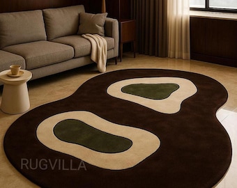 Handmade Amoeba Abstract Shape NZ Wool Rug - Hand-Tufted Brown Beige Color Carpet Modern Designer Rug for Living Room Rug & Bedroom area Rug