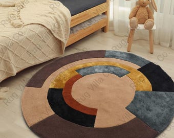 Modern Geometric Hand-Tufted Wool Abstract Accent Rug in Camel, Rust Bedroom Rug, Living room Rug, Office Decor Home Decor, Minimalist Decor