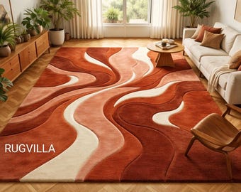 Hand getufteter Wollteppich Red Rust Wave Abstrakter Teppich Terrakotta Teppich 203x300