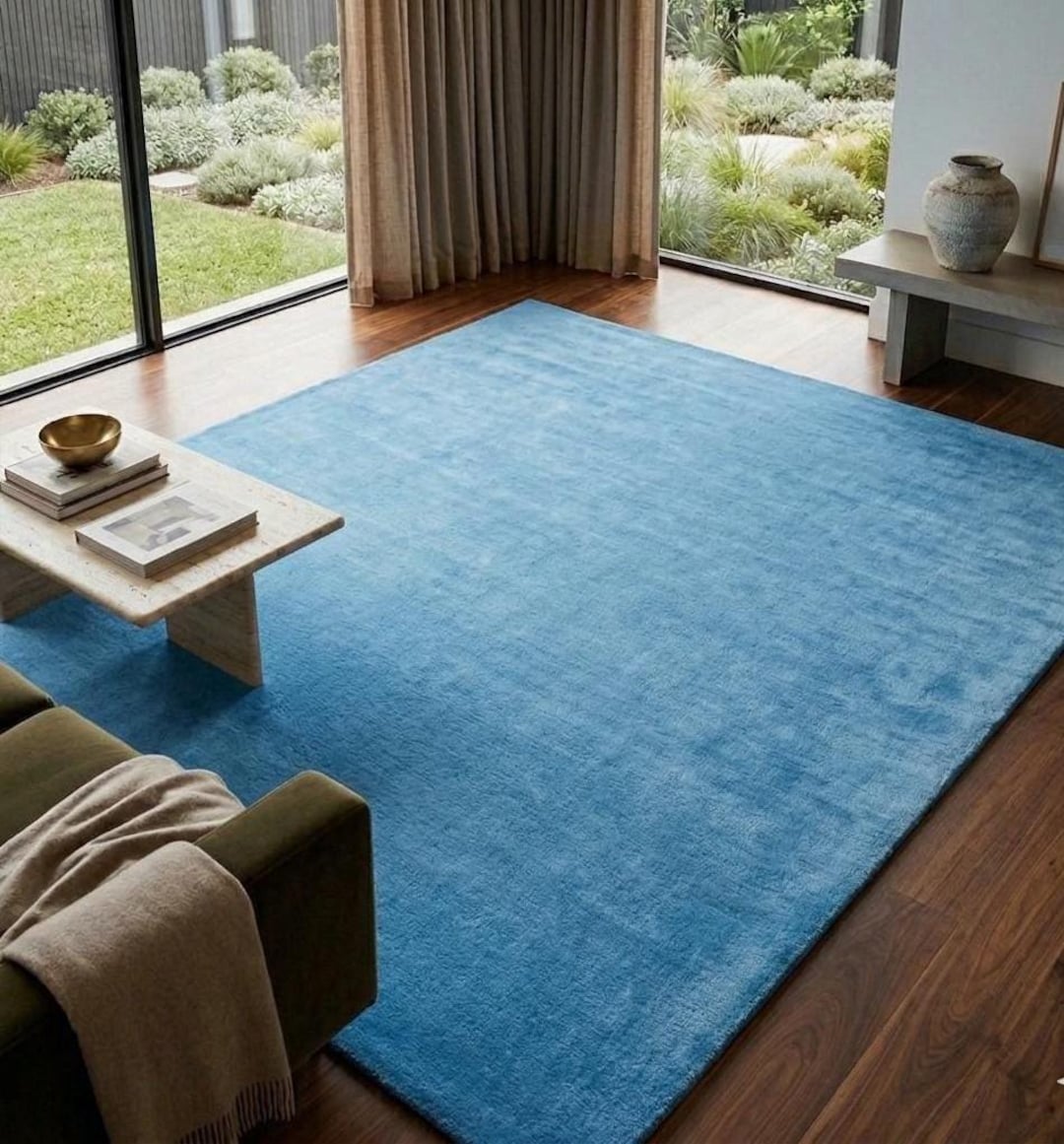 Layered Blue Rug Sky Blue Hand Tufted Wool Area Rug, Modern Solid Blue Rug 8x10 ...