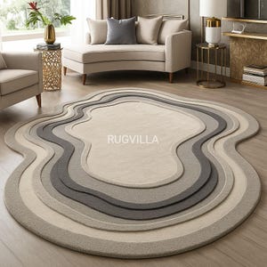 Alfombra de lana tejida a mano: diseño recortado en relieve, forma irregular, gris y crema, para dormitorio, guardería, entrada, oficina, minimalista, 12,7 x 22,8 x 3,6 m