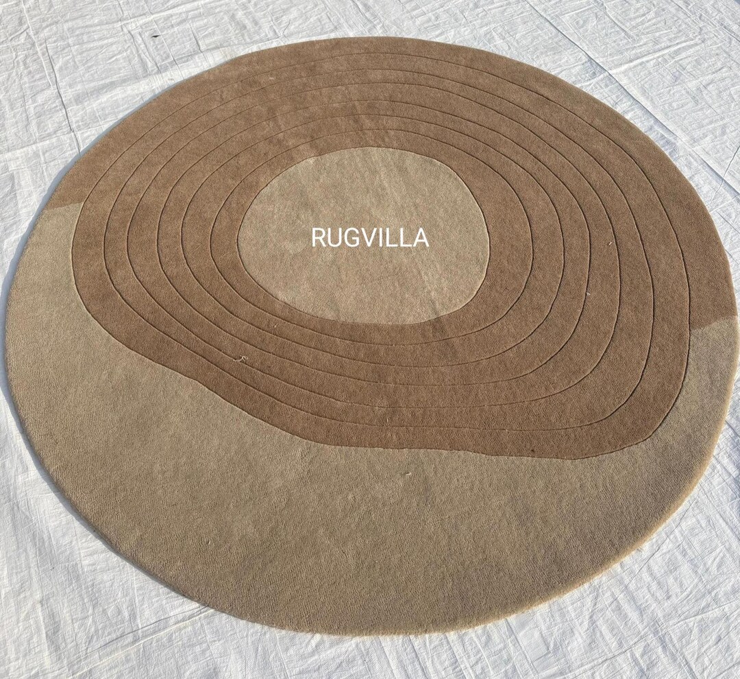 Round Abstract Rug 9x9 10x10 Hand Tufted Beige, Cream Handmade Woolen ...
