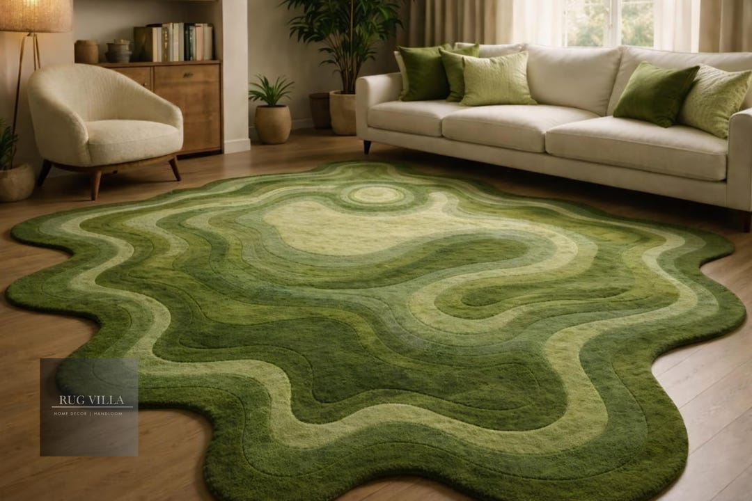 Moss Green Hand Tufted Rug - Organic Wavy Shape Area Rug - 3D ...