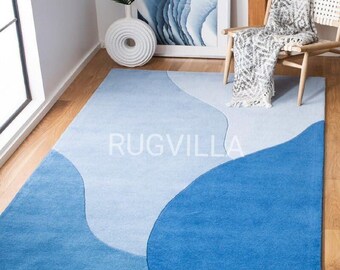 Blue Abstract Hand Tufted Rug, Sky Blue Modern 8x10 Wool Area Rug, Scandinavian Wool Carpet, Geometric Contemporary Rug