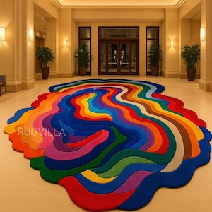 Colorful Abstract Rug | Handmade Irregular Wool Rug in Mustard, Orange, Blue & Beige | Modern Artistic Decor for Living Room, 5x8rug 9x12rug