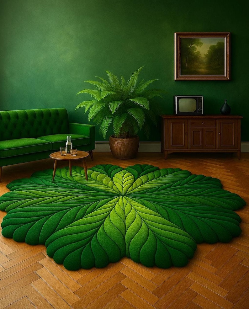 Large Leaf Shaped Green Rug -botanical Carpet for Living Room - Nature ...