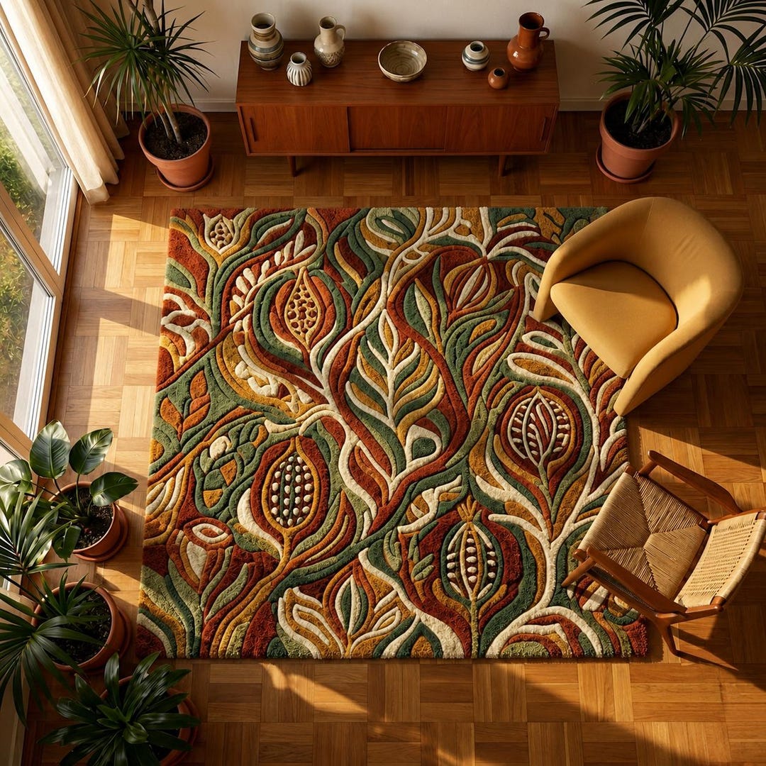 Luxury Botanical Hand Tufted Rug, Abstract Floral Wool Area Rug, Green ...