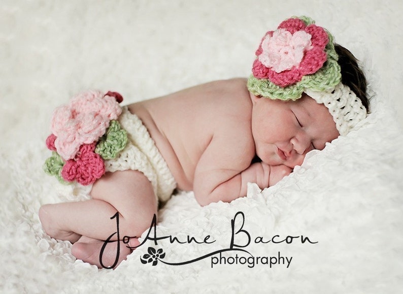 baby girl diaper cover, baby girl headband, baby girl clothes, crochet girl outfit, newborn girl photo prop, infant girl outfit image 2
