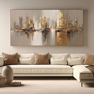Abstract New York City Scenery Gold Canvas Wall Art for Modern Living Room - Large Size Acrylic Texture Painting, Housewarming Gift