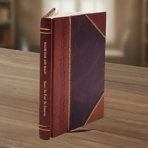 Op de afbeelding: Een hardcover boek getiteld "Magnetisme en Magie" door Baron Du Potet De Sennevoy. Het boek heeft een bordeauxrode leren kaft met gouden accenten en een donkerpaars diamantvormig ontwerp. Een rood lint als boekenlegger is zichtbaar.