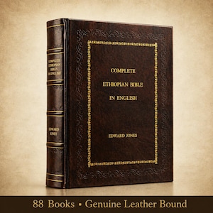 May include: A complete Ethiopian Bible in English, bound in genuine leather. The dark brown book features gold lettering and a decorative border. The spine displays the title and author. The book is labeled as containing 88 books.