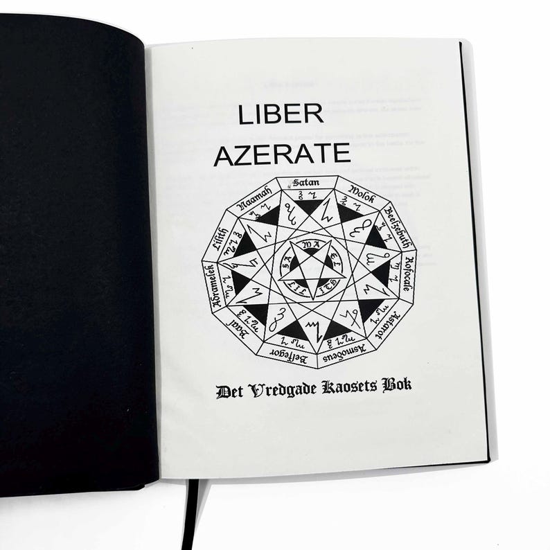 May include: An open book with the title "LIBER AZERATE" in large black letters. Below the title is a black and white circular graphic with text and symbols. The text "Det Vredgade Kaosets Bok" is at the bottom of the page.
