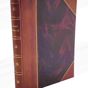 May include: A hardback book titled "Voynich Manuscript" with a burgundy cover and spine. The cover has a dark purple and burgundy marbled design with gold trim. The spine features gold embossed details and a burgundy ribbon bookmark.
