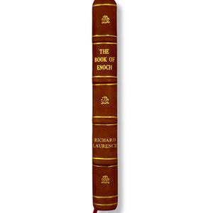 May include: A brown hardcover book titled "The Book of Enoch" with gold lettering and accents. The spine features the author's name, Richard Laurence, and decorative gold embellishments. A red ribbon bookmark is visible.