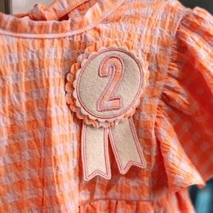 Puede incluir: Vestido a cuadros naranja y blanco con una insignia de fieltro con el número 2. La insignia tiene un borde festoneado y cintas color crema. El vestido tiene mangas cortas y abullonadas.