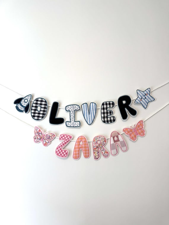 Baby Name Banner Embroidered Name Sign for Girls and Boys - Personalised Colours & Symbols