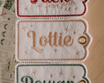 Personalised Embroidered Felt Gift Tag - Reusable, customisable name tag, White, scalloped edge