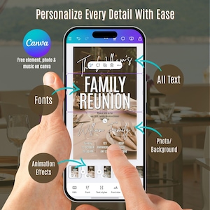 May include: A smartphone displays a family reunion invitation created with Canva. The screen shows text that reads "Family Reunion" and "William Family". The image highlights features like fonts, animation effects, and photo/background options.