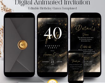 40th Birthday Invitation, Elegant Black and Gold Minimalist Party Invite, Modern Forty Celebration Template, Editable Canva Digital Evite