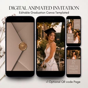 Op de afbeelding: Digitale geanimeerde afstudeeruitnodigingssjabloon weergegeven op smartphones. Het ontwerp bevat een foto van een vrouw in een afstudeerhoed en -jurk, met de tekst "DIGITAL ANIMATED INVITATION" en "Editable Graduation Canva Templated."