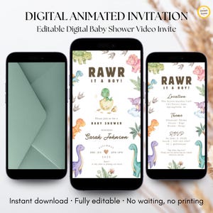 Puede incluir: Invitación digital animada para baby shower en tres smartphones. La invitación presenta un tema de dinosaurios con el texto "RAWR IT A BOY!" y detalles del evento. El diseño incluye dinosaurios y follaje en acuarela.