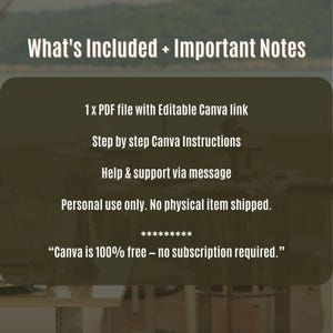 May include: A digital product image with the text "What's Included + Important Notes." The image lists a PDF file with an editable Canva link, step-by-step Canva instructions, and support via message. It states personal use only and that Canva is 100% free.