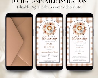 May include: Digital animated baby shower invitation displayed on three smartphones. The invitation features a coffee cup design with the text "A Baby is Brewing." Additional text includes the date, time, and RSVP information. The background is a brown and white checkered pattern.
