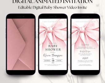 Blush Pink Bow Baby Shower Invitation, Animated Coquette Digital Video Evite for Girl, Elegant Pink Ribbon Baby Shower Canva Template.