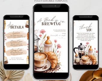 May include: Digital animated baby shower invitation template on three smartphones. The design includes coffee, croissants, and baby bottles. Text includes "A Baby is Brewing" and event details. The invitation is fully editable.