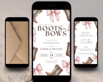 Boots or Bows Animated Gender Reveal Invitation, Western Cowboy Cowgirl Digital Evite, Editable Pink Blue Rustic Baby Shower Video Template