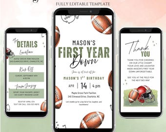 May include: Digital animated invitation template for a first birthday party. The design features footballs, a helmet, and the text "Mason's First Year Down." The invitation includes details for the event, such as the date, time, and location.