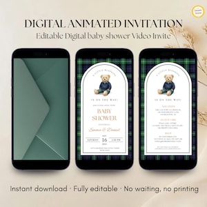 May include: Digital animated baby shower invitation displayed on three smartphones. The invitation features a teddy bear graphic and text that reads "Baby Shower" and event details. The background is a green and blue plaid pattern.
