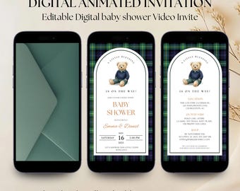 Polo Teddy Bear Baby Shower Invitation, Animated Luxury Classic Tartan Evite, Gender Neutral Editable Canva Video Template