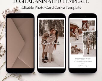 Happy New Year Photo Collage Template, Animated Modern Minimal Family New Year Greeting, Editable Canva Digital E-Card, Holiday Photo Card