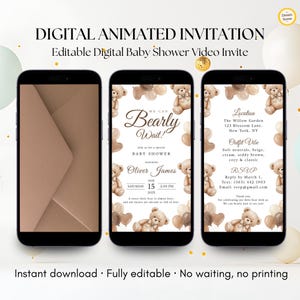 Op de afbeelding: Digitale geanimeerde uitnodiging voor een babyshower weergegeven op drie smartphones. Het ontwerp toont teddyberen, ballonnen en de tekst "Bearly Wait!" en evenementdetails. Het kleurenpalet omvat zachte neutralen en bruintinten.