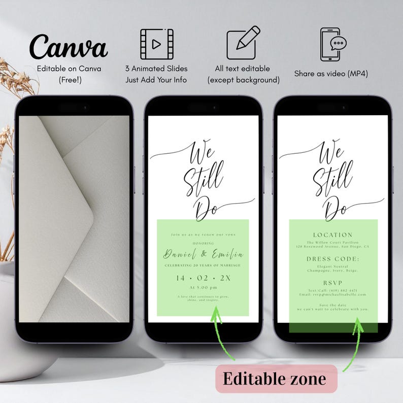 May include: Three smartphone screens displaying a wedding invitation template. The design features the text "We Still Do" in elegant script, with details like names, date, time, and location. The template is editable on Canva.