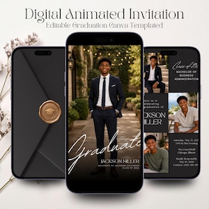 Op de afbeelding: Digitale geanimeerde afstudeeruitnodigingssjabloon op een smartphone. Het ontwerp toont een afgestudeerde in een pak, met de tekst "Graduate" en de naam en universiteit van de afgestudeerde. Extra details zijn evenementinformatie en een gouden zegel.