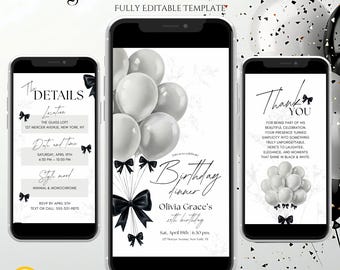 Minimalistische zwart-witte verjaardagsuitnodiging met strik, geanimeerde coquette Party Video Evite, digitale bewerkbare elegante verjaardagsuitnodigingssjabloon