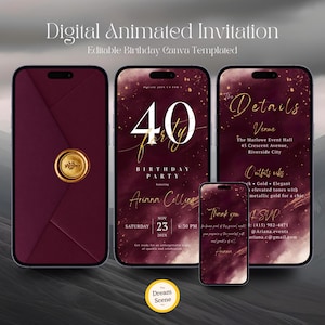 Invito animato per il 40° compleanno, elegante invito digitale per feste in bordeaux e oro, video invito digitale modificabile su Canva, traguardo di lusso