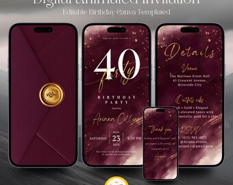40th Birthday Invitation Animated, Burgundy and Gold Elegant Party Evite, Editable Canva Digital Video Invitation, Luxury Milestone