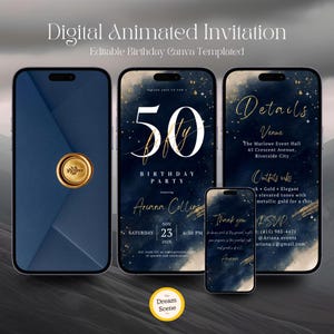 Op de afbeelding: Een digitale geanimeerde uitnodigingssjabloon voor een 50e verjaardagsfeest op drie smartphones. Het ontwerp heeft een donkerblauwe aquarelachtergrond met gouden accenten, witte tekst en een gouden waszegel op een blauwe envelopafbeelding.