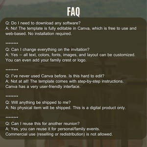 May include: A digital FAQ graphic with a dark green background and the word "FAQ" at the top. The text answers questions about a Canva template, including editing, software, and usage rights. The template is fully editable.