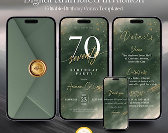 70th Birthday Invitation Animated, Sage Green and Gold Elegant Dinner Party Evite, Milestone Celebration Editable Digital Video Template
